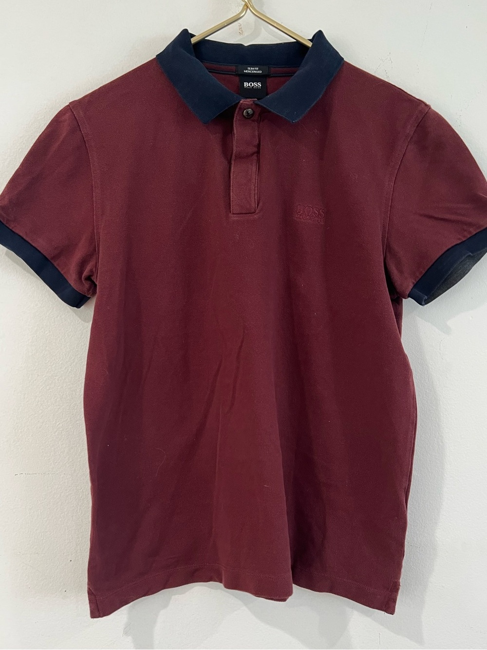 HUGO BOSS Burgundy Polo with Navy Collar and Cuff Trim M